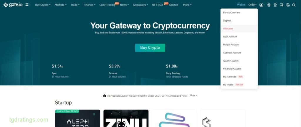 Página de inicio de Gate.io con la línea Withdraw en el menú desplegable