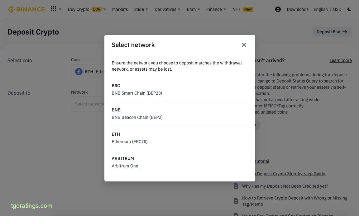 Elegir una red para transferir ETH a Binance