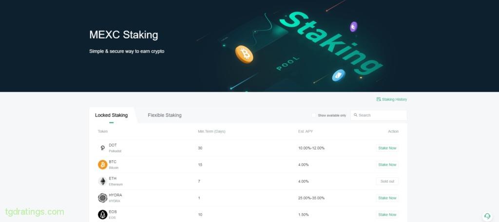 Página con criptomonedas disponibles para staking