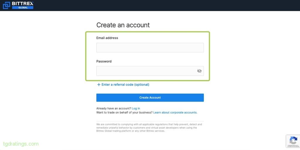 Formularz rejestracyjny Bittrex