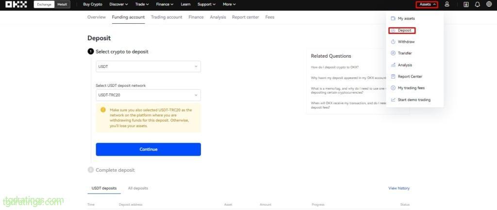 Выбираем USDT и сеть