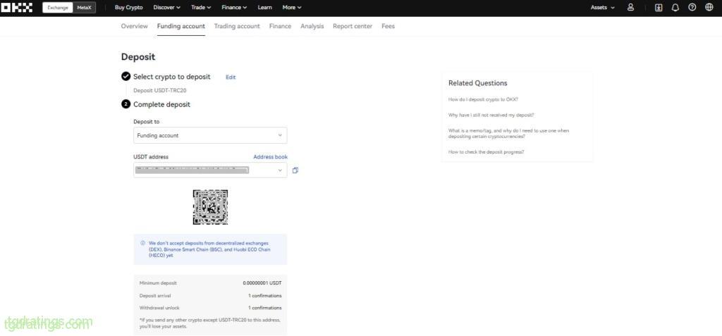 Адрес и QR-код для зачисления USDT