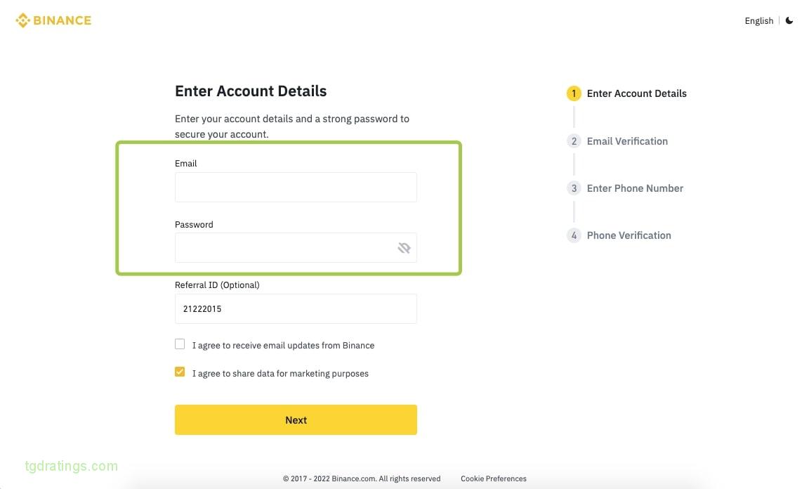 Форма регистрации персонального аккаунта на Binance