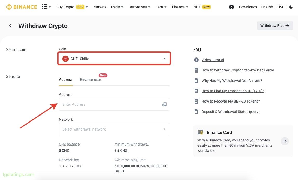 Форма на вывод CHZ с биржи Binance