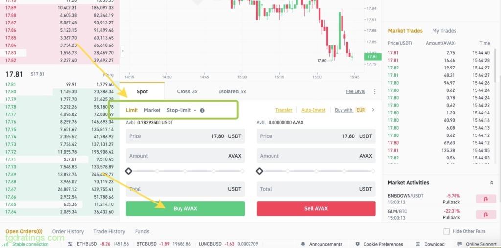 Покупка AVAX на бирже Binance