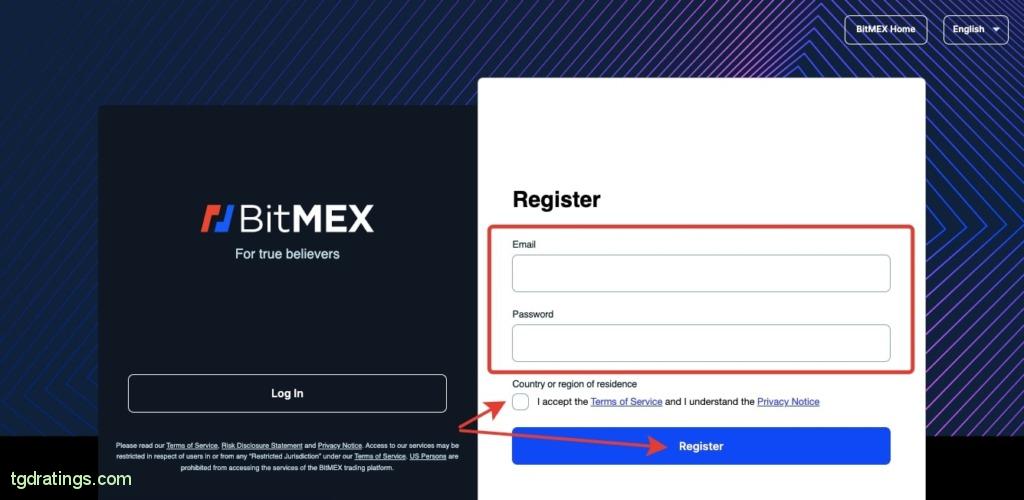 Форма регистрации на Bitmex