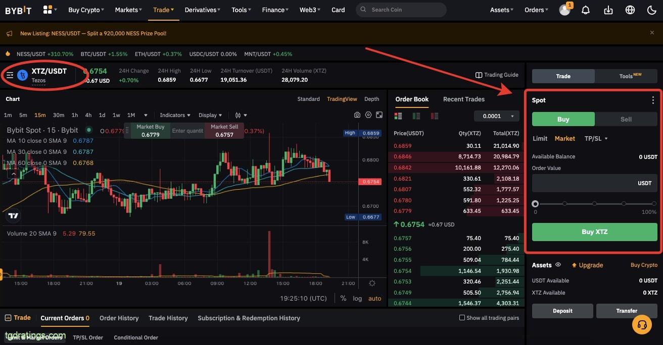 Покупка XTZ на спотовом рынке Bybit