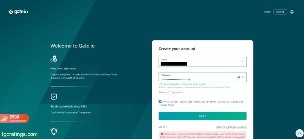 Registration form on gate.io