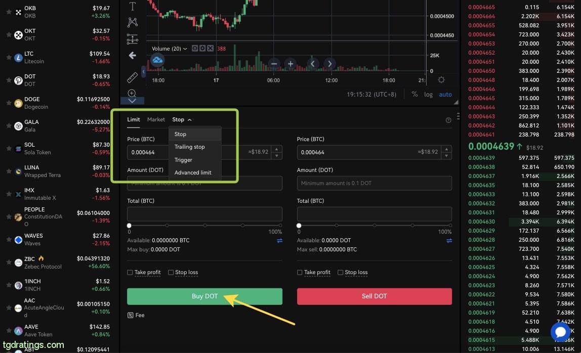 Creating a buy limit order for DOT