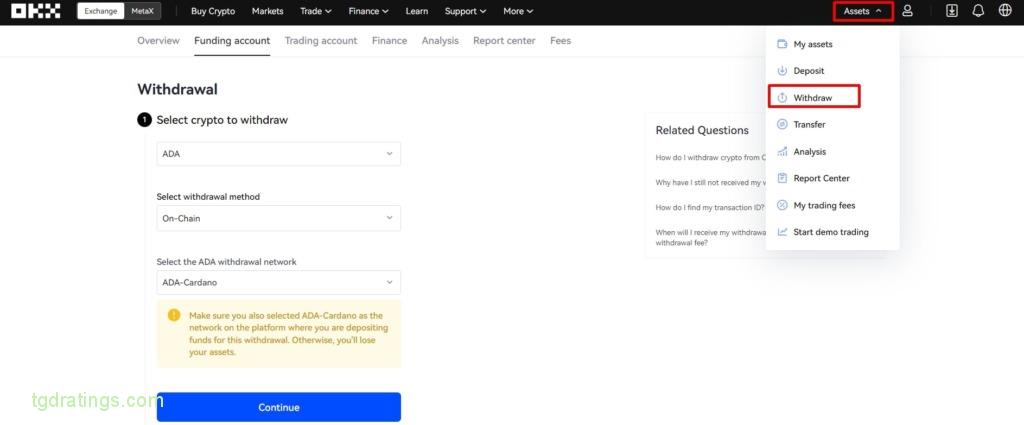 Starting ADA withdrawal on OKX