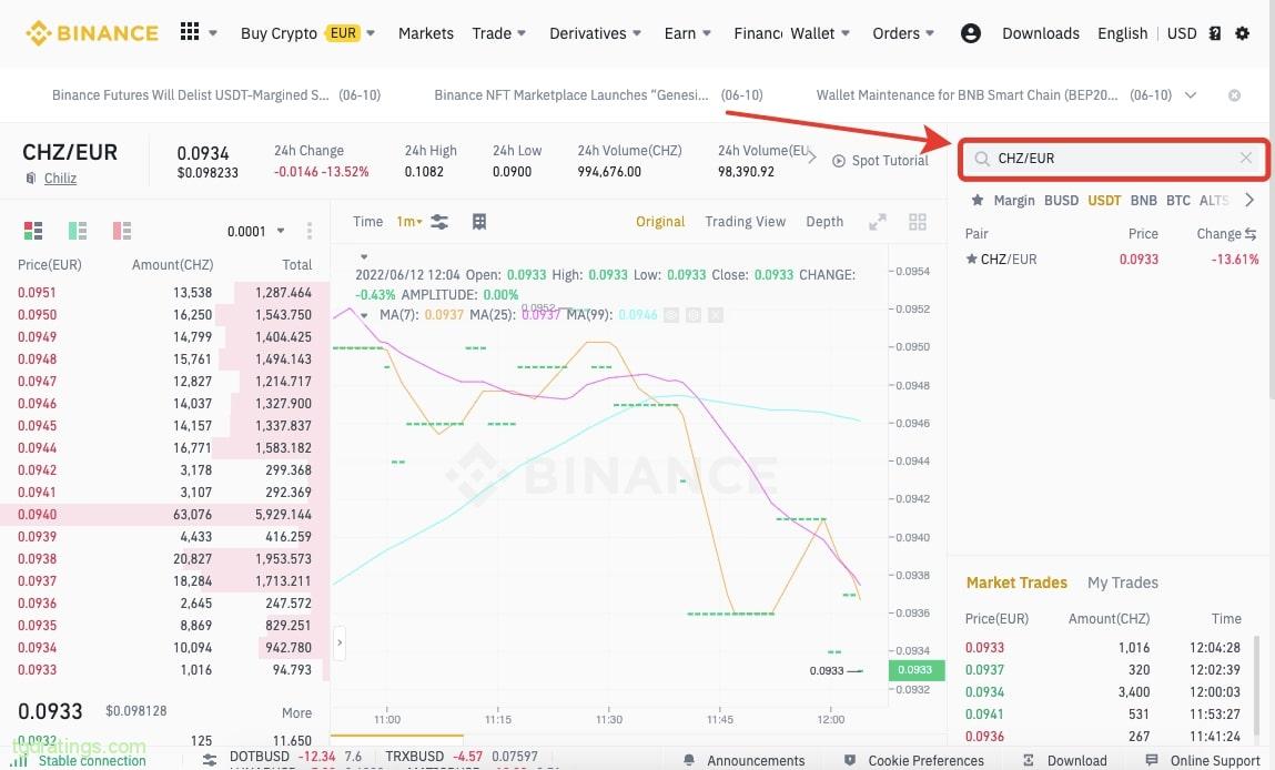 Trading CHZ/EUR on the Binance Spot Market