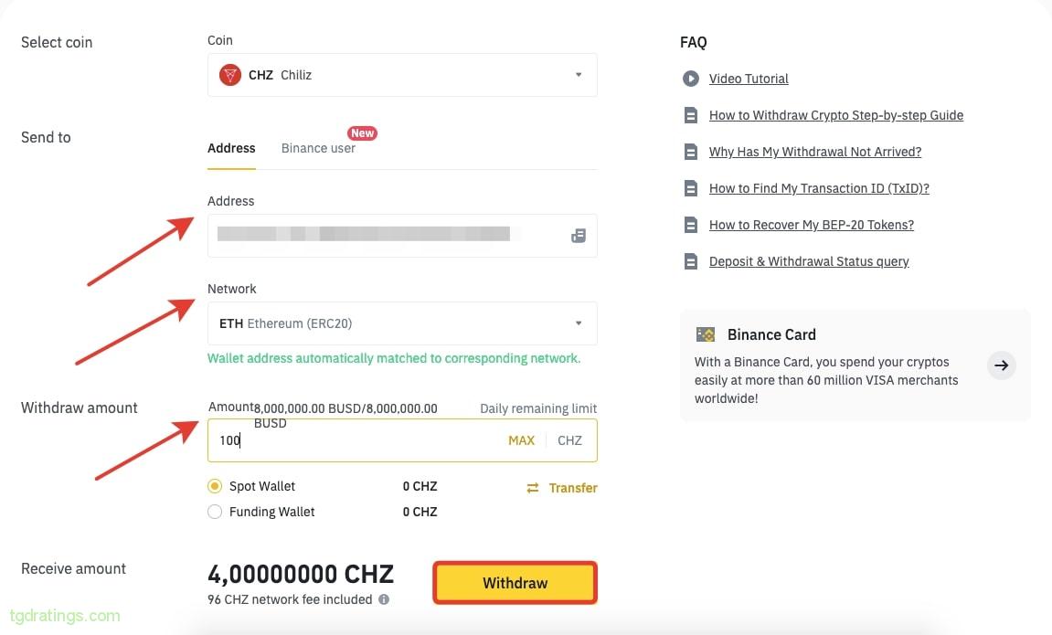 Withdraw CHZ from Binance to Wallet Trust Wallet