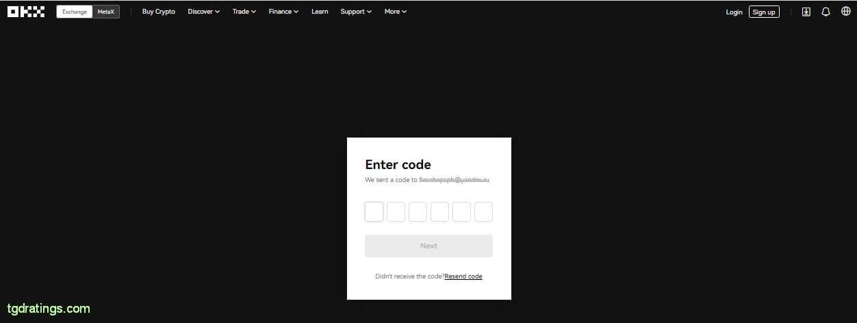Window for 6 digit code 