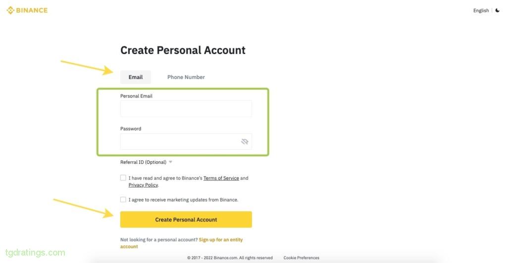 Binance Registration Form