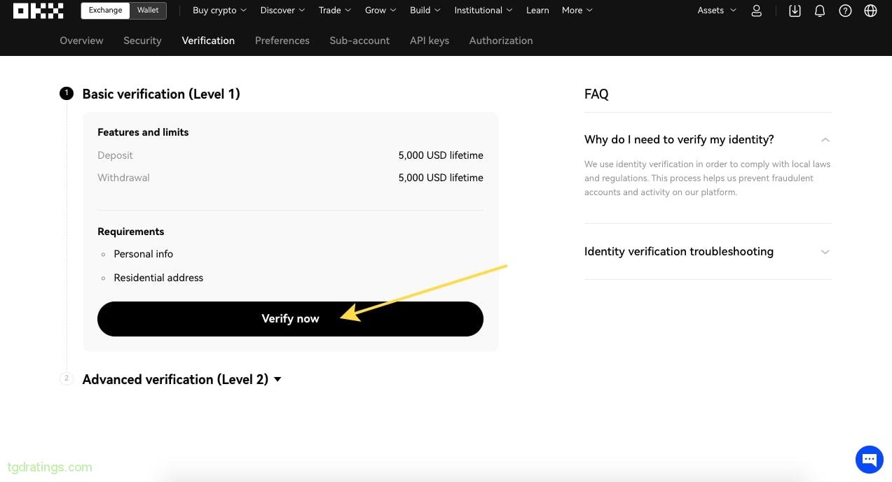 OKX verification levels