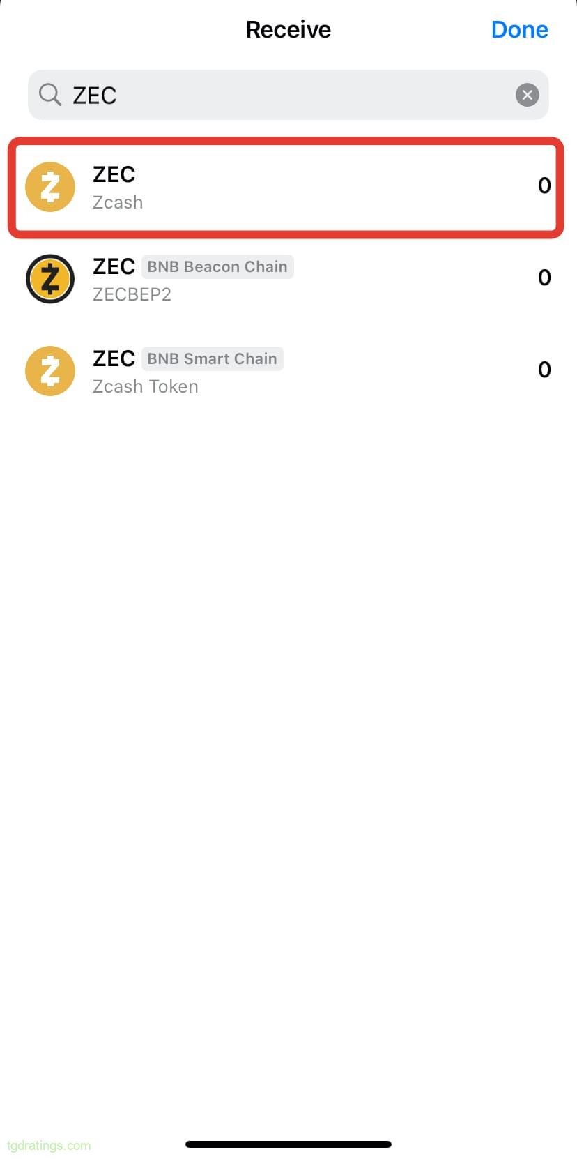 Selecting a coin in your wallet